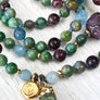 Loving Heart 108 Mala Beads Ruby Zoisite Ruby Tourmaline and Aquamarine Knotted Bracelet Yoga Jewelry Meditation Beads
