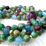 Loving Heart 108 Mala Beads Ruby Zoisite Ruby Tourmaline and Aquamarine Knotted Bracelet Yoga Jewelry Meditation Beads
