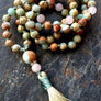 KNOTTED MALA BEADS 108 - African Opal Mala Beads, Rose Quartz - Heart Chakra Mala -Yoga Jewelry - October Birthstone, Root Chakra