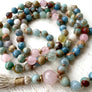 YOGA JEWELRY 108 Mala Beads Meditation Beads Aquamarine Necklace African Opal Rose Quartz Healing Gemstones