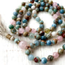 YOGA JEWELRY 108 Mala Beads Meditation Beads Aquamarine Necklace African Opal Rose Quartz Healing Gemstones