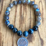 Labradorite and Blue Tiger Eye Mala Bracelet with Sterling Silver Lotus for Intuition and Psychic Healing