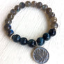 Labradorite and Blue Tiger Eye Mala Bracelet with Sterling Silver Lotus for Intuition and Psychic Healing