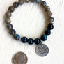 Labradorite and Blue Tiger Eye Mala Bracelet with Sterling Silver Lotus for Intuition and Psychic Healing