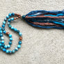 Apatite and Sandalwood Long Tassel Mala Necklace for Knowledge, Wisdom and Intuition