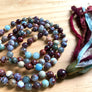 108 Gemstone Root Chakra Mala Beads Red Lightning Agate, Garnet and Aquamarine for Spiritual Awareness and Meditation