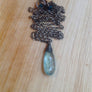 Moss Aquamarine Pendant Necklace Wire Wrapped on Oxidized Sterling Silver Chain