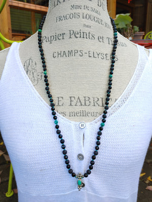 GROUND AND PROTECTION Mala Beads - Black Tourmaline - Onyx & Turquoise 108 Mala Necklace - Turquoise Bracelet