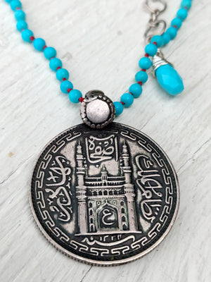 Rajasthan Indian Iskcon Temple (Krishna ) Silver Pendant - Knotted Turquoise Necklace - Protection - Boho Jewelry - Ethnic Jewelry