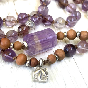 Master Healing Super Seven (Auralite Amethyst) Ametrine, Sandalwood & Charoite Mala Bracelet for Spiritual Enlightenment