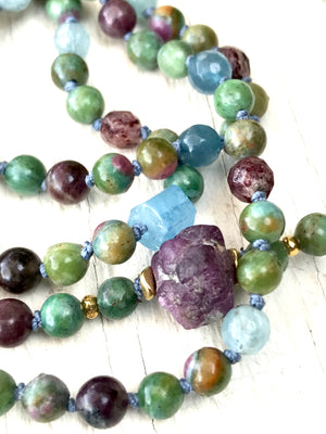 Loving Heart 108 Mala Beads Ruby Zoisite Ruby Tourmaline and Aquamarine Knotted Bracelet Yoga Jewelry Meditation Beads