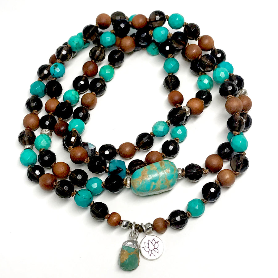 108 Mala Beads for Prosperity, Protection and Good Luck Turquoise Bracelet Yoga Jewelry Smoky topaz Sandalwood Chrysocolla Infinity Necklace