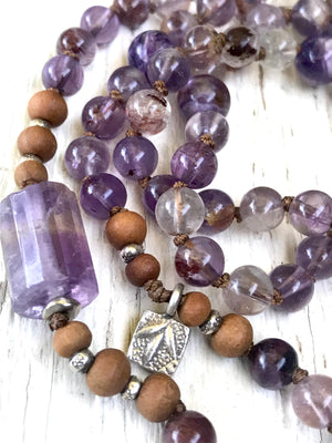 Master Healing Super Seven (Auralite Amethyst) Ametrine, Sandalwood & Charoite Mala Bracelet for Spiritual Enlightenment