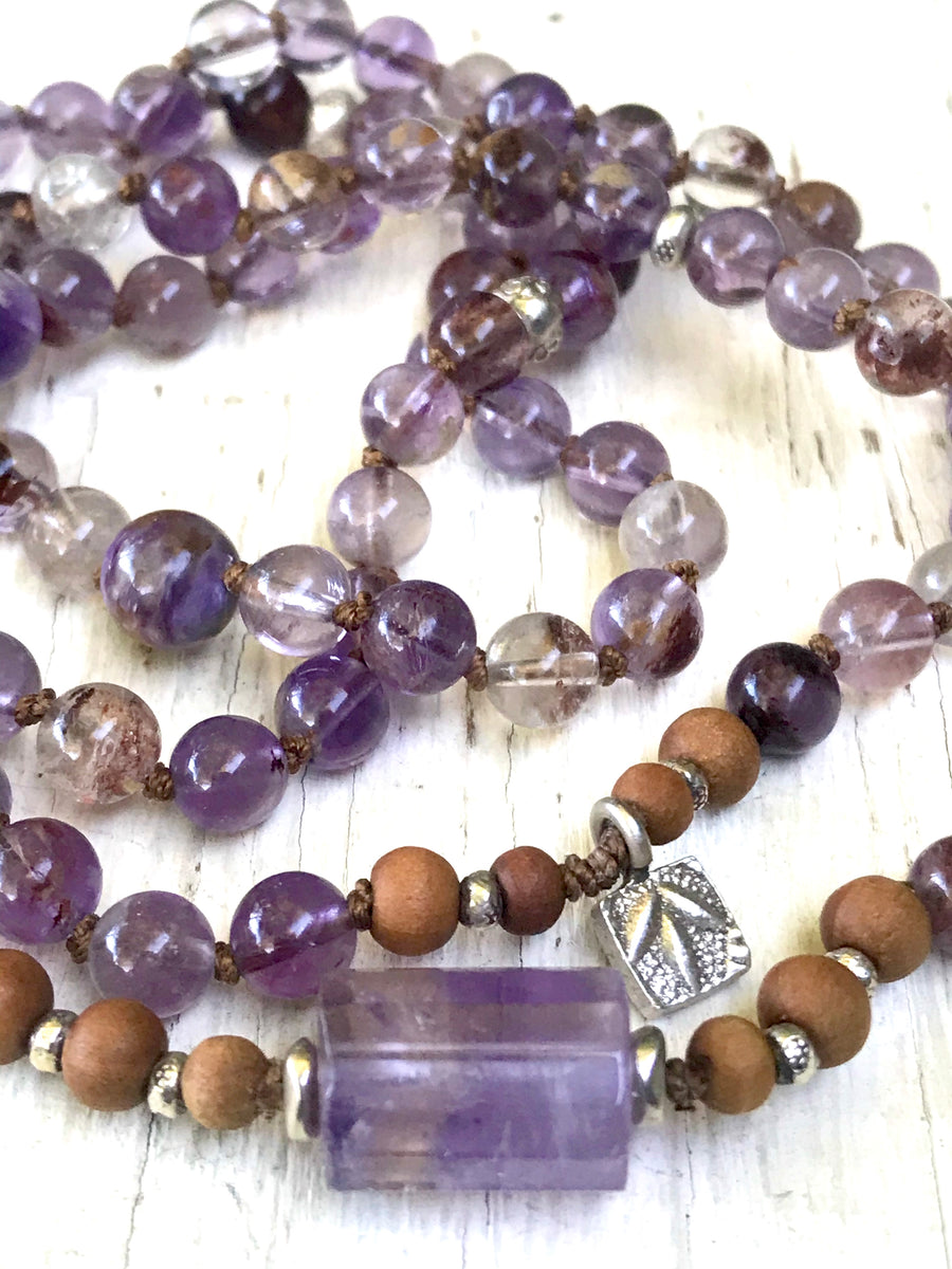 Master Healing Super Seven (Auralite Amethyst) Ametrine, Sandalwood & Charoite Mala Bracelet for Spiritual Enlightenment