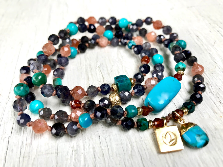 Turquoise Mala Beads * PROTECTION * Iolite Mala Necklace * Sunstone Bracelet * Yoga Jewelry * Crystal Necklace  * Spiritual Gift