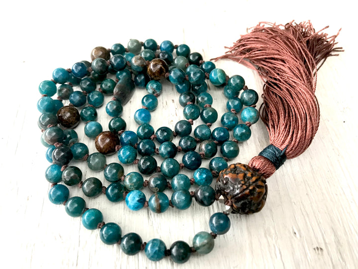 Apatite Mala Necklace * 108 Mala Beads * Yoga Beads * Long Tassel Necklace * Antique Rudraksha * Yoga Jewelry * Mantra Meditation
