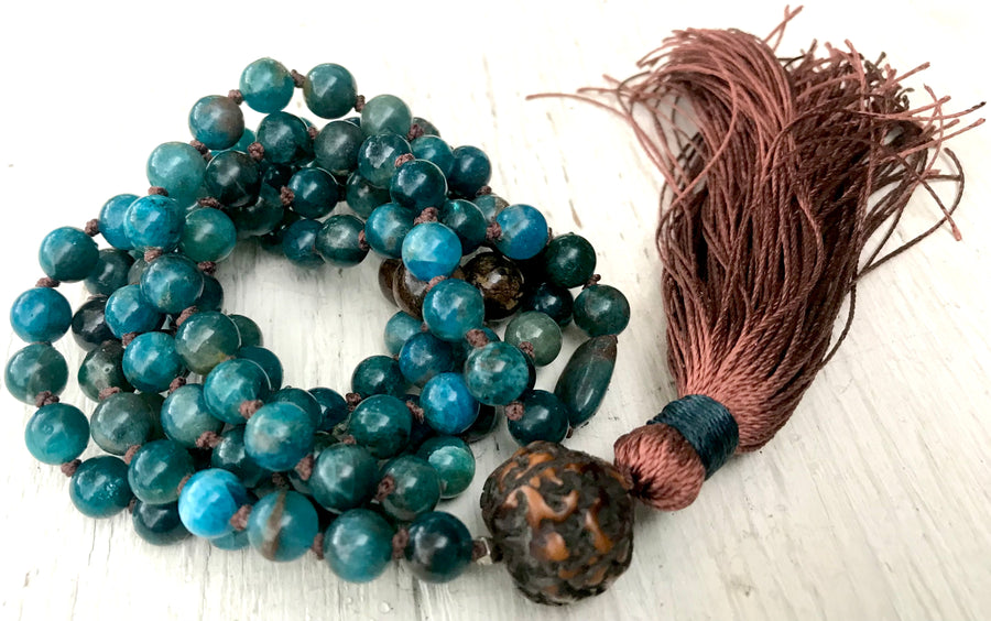 Apatite Mala Necklace * 108 Mala Beads * Yoga Beads * Long Tassel Necklace * Antique Rudraksha * Yoga Jewelry * Mantra Meditation