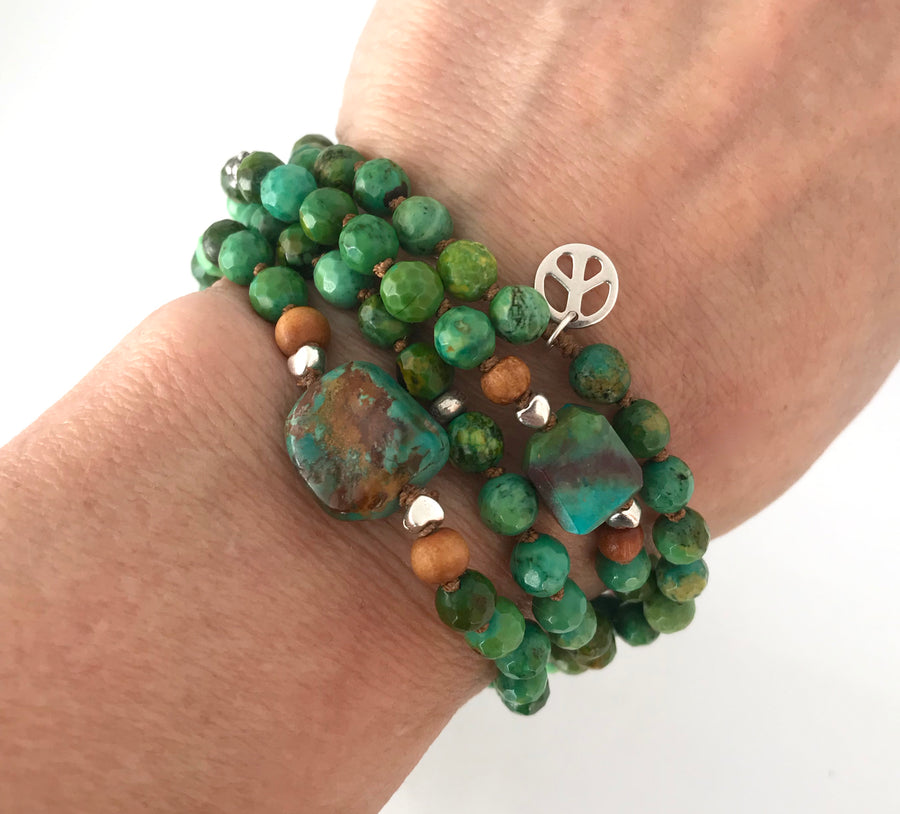 Turquoise and Sandalwood Knotted Mala Bracelet for Protection and Peace of Mind - Mediation Beads