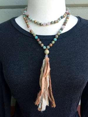 Boho Long Tassel African Opal and Rose Quartz Prayer Beads for Meditation and Spiritual Awareness