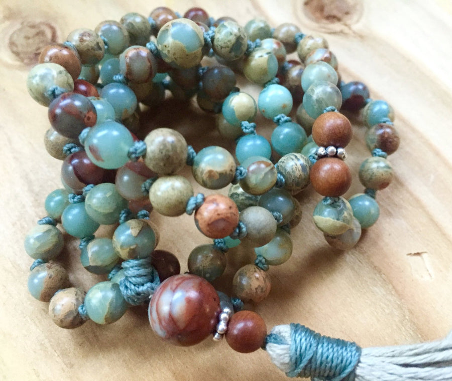 Sandalwood Tassel Necklace, Mala Beads African Opal Sandalwood Prayer Beads, October Birthstone Unisex Gift