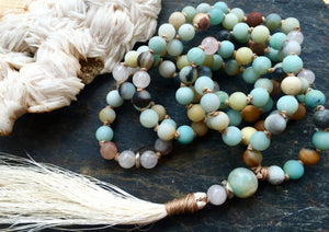 Amazonite and Rose Quartz Long Tassel Necklace to Open the Heart