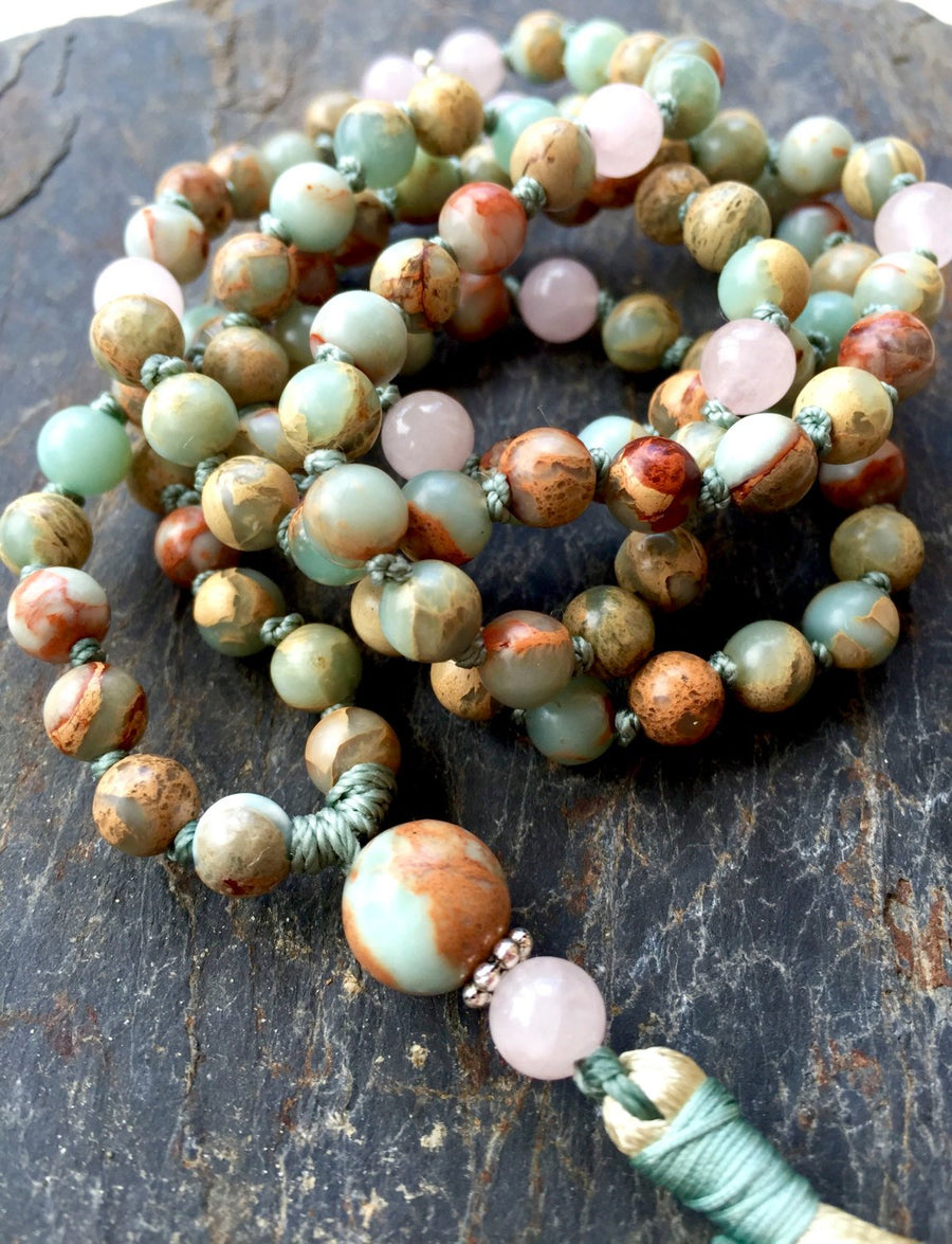 KNOTTED MALA BEADS 108 - African Opal Mala Beads, Rose Quartz - Heart Chakra Mala -Yoga Jewelry - October Birthstone, Root Chakra