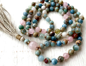 YOGA JEWELRY 108 Mala Beads Meditation Beads Aquamarine Necklace African Opal Rose Quartz Healing Gemstones