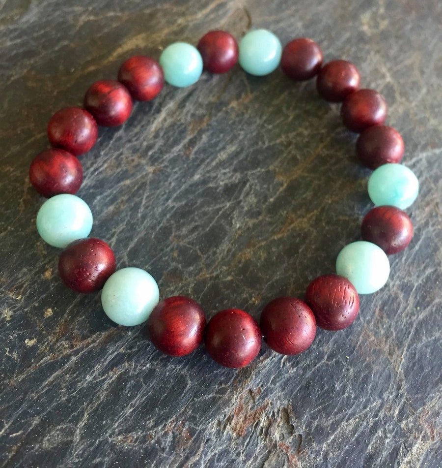 Rosewood and Amazonite Stretch Mala Bracelet for Health, Wellness and Balance