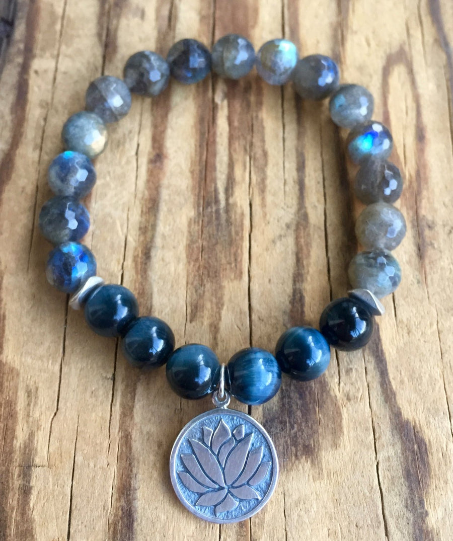Labradorite and Blue Tiger Eye Mala Bracelet with Sterling Silver Lotus for Intuition and Psychic Healing