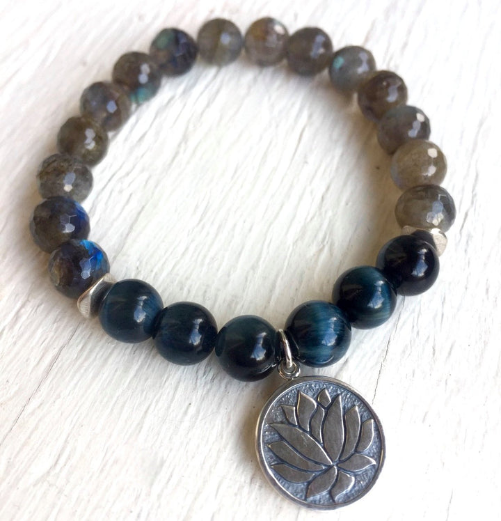 Labradorite and Blue Tiger Eye Mala Bracelet with Sterling Silver Lotus for Intuition and Psychic Healing