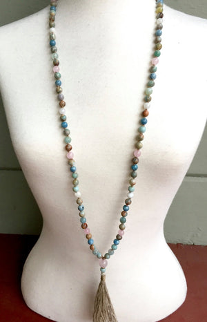 Moonstone Mala Beads Aquamarine Necklace Rose Quartz Tassel Necklace Japa Mala Prayer Beads