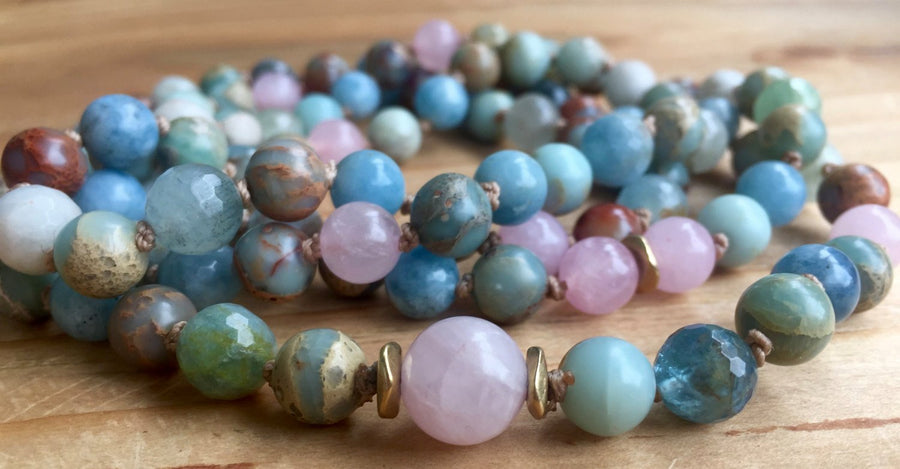 Mulit-Gemstone Knotted Infinity Mala Bracelet with Aquamarine, Rose Quartz and African Opal