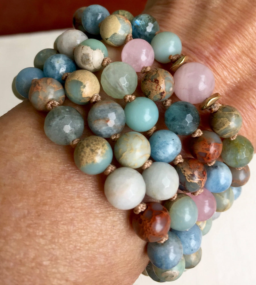 Mulit-Gemstone Knotted Infinity Mala Bracelet with Aquamarine, Rose Quartz and African Opal
