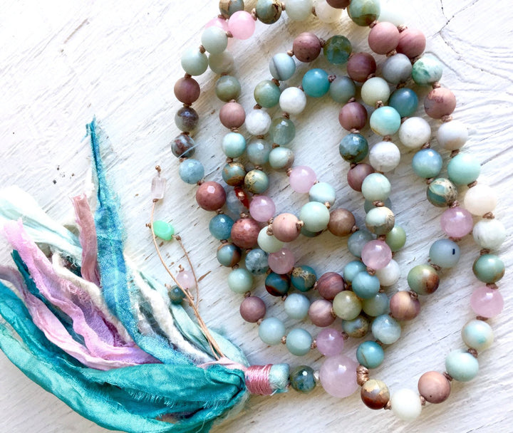 PEACEFUL HEART MALA Beads Calming Mala Necklace Rose Quartz Amazonite Mala Beads 108 Aquamarine Mala Beads Healing Crystals Yoga Gift