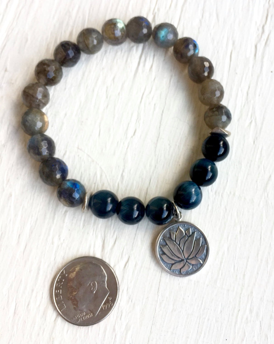 Labradorite and Blue Tiger Eye Mala Bracelet with Sterling Silver Lotus for Intuition and Psychic Healing