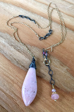 Pink Opal Pendant Necklace, Mixed Metal Layered Necklace October Birthstone Silver and Gold