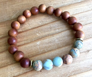 Boho Sandalwood and African Opal Stretch Mala Bracelet for Good Luck and Emotional Healing