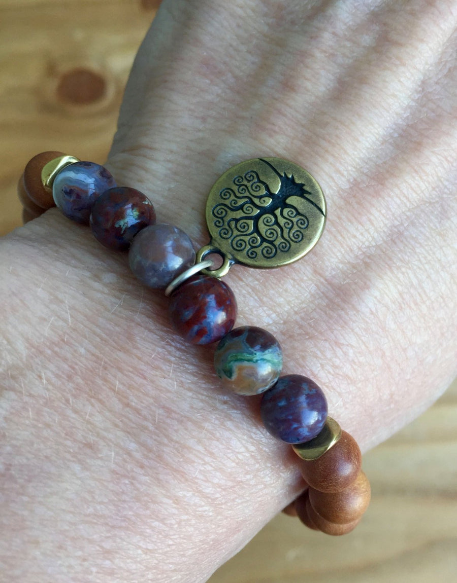 Sandalwood and Red Lightning Agate Stretch Bracelet with Tree of Life Charm For Chakra Healing