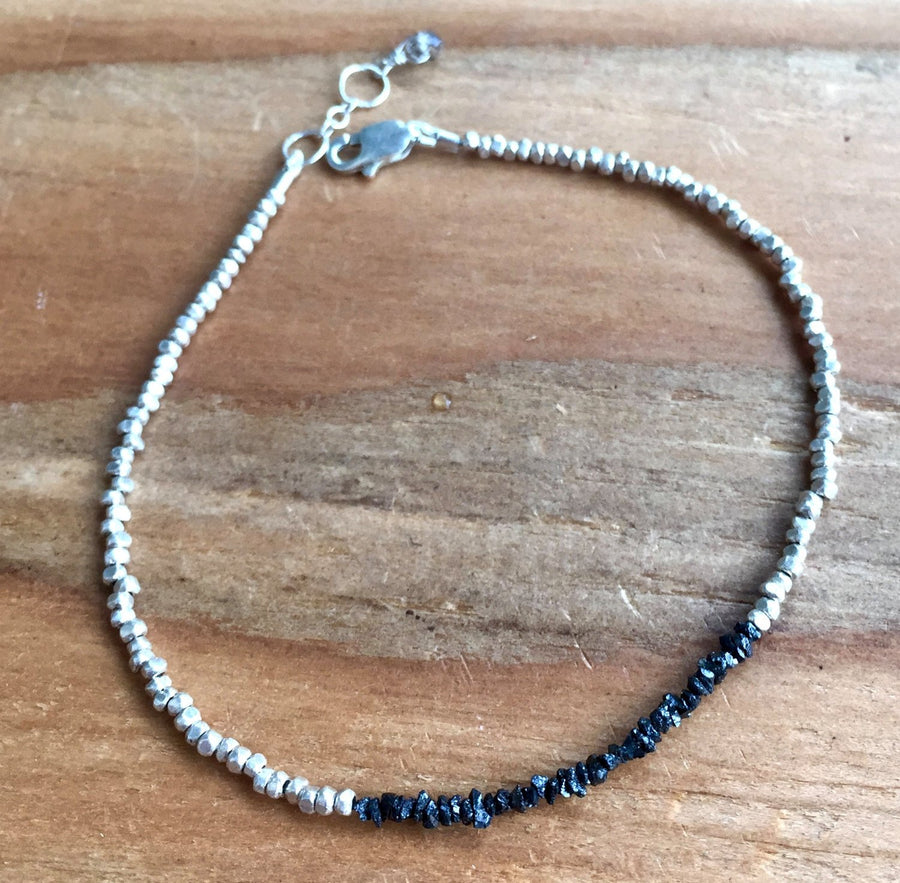Raw Black Diamond and Thai Silver Delicate Bracelet for Intuition, Psychic Awareness and Clairvoyance