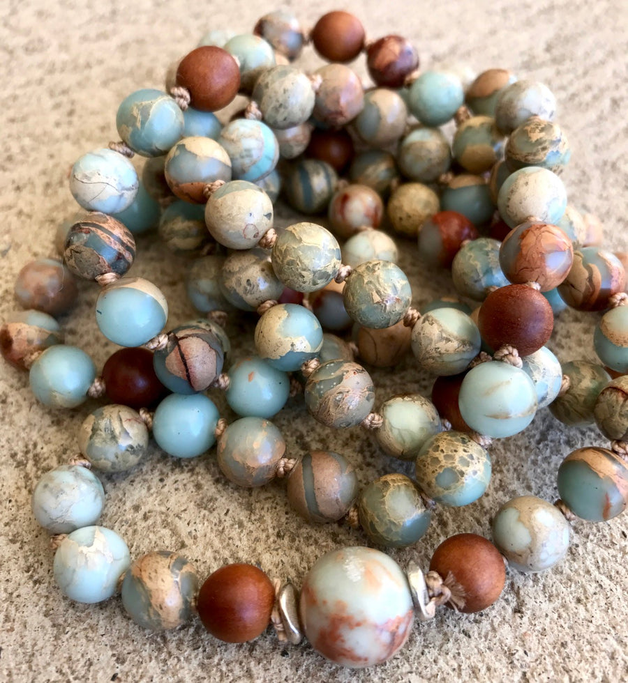 African Opal and Sandalwood Mala Beads for Stress Relief and Contentment