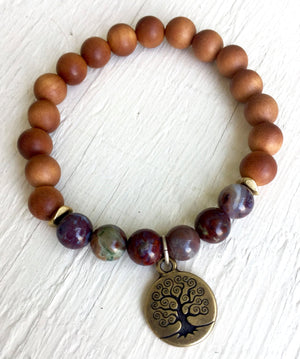 Sandalwood and Red Lightning Agate Stretch Bracelet with Tree of Life Charm For Chakra Healing