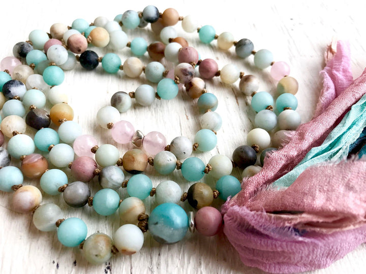 Amazonite and Rose Quartz Long Tassel Mala Necklace for Balance and Unconditional Love