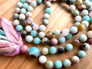 Amazonite and Rose Quartz Long Tassel Mala Necklace for Balance and Unconditional Love