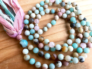 Amazonite and Rose Quartz Long Tassel Mala Necklace for Balance and Unconditional Love