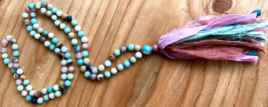 Amazonite and Rose Quartz Long Tassel Mala Necklace for Balance and Unconditional Love