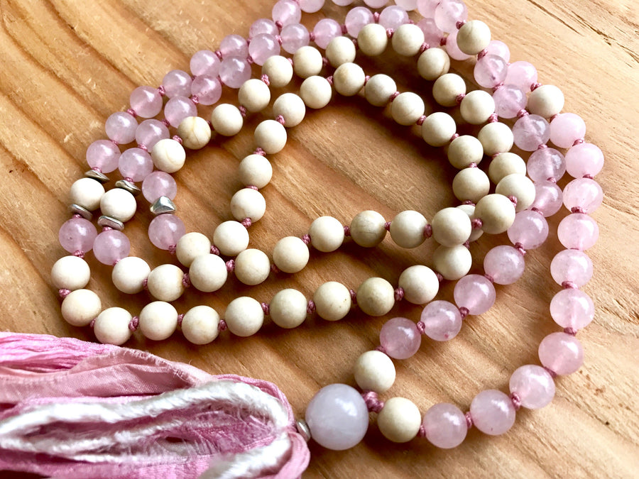 Fertility Rose Quartz and Riverstone Long Tassel Mala Necklace for Romance, Love and Compassion