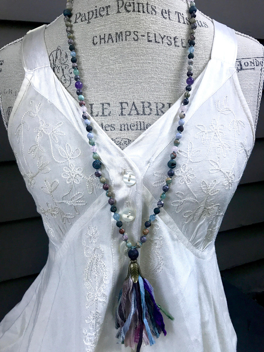 DRUZY MALA BEADS Rose Quartz Mala Necklace Aquamarine Multi-Gemstone Tassel Necklace Boho Jewelry