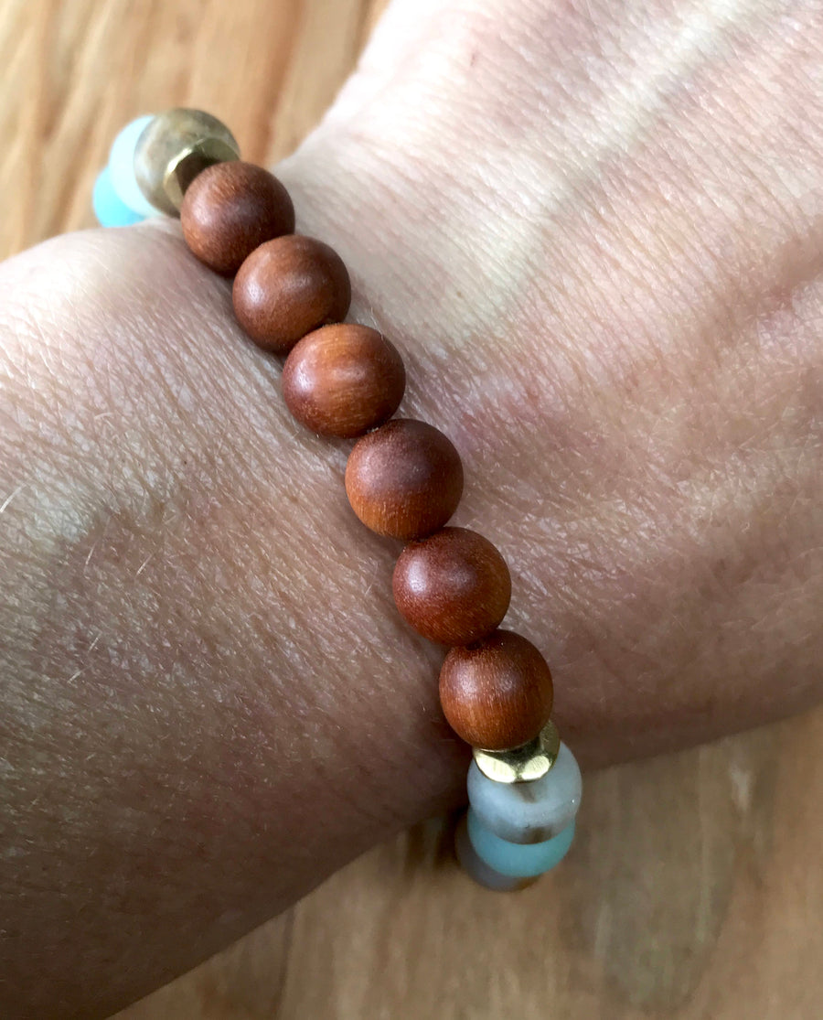 Amazonite and Sandalwood Mala Tassel Bracelet For Emotional Healing and Balance