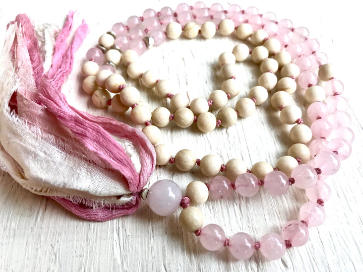 Fertility Rose Quartz and Riverstone Long Tassel Mala Necklace for Romance, Love and Compassion