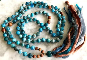 Apatite and Sandalwood Long Tassel Mala Necklace for Knowledge, Wisdom and Intuition